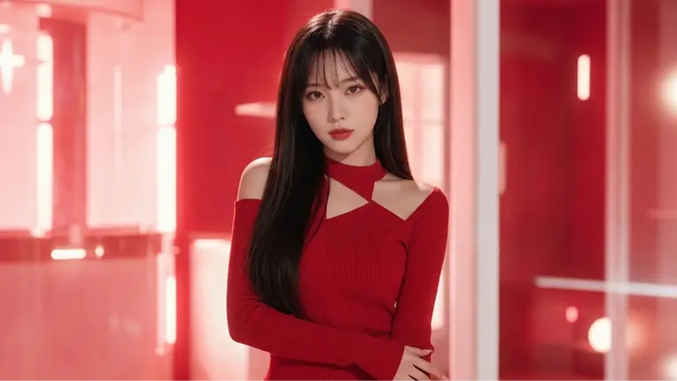 一位身穿红色服装的女性在红色摄影棚表演
