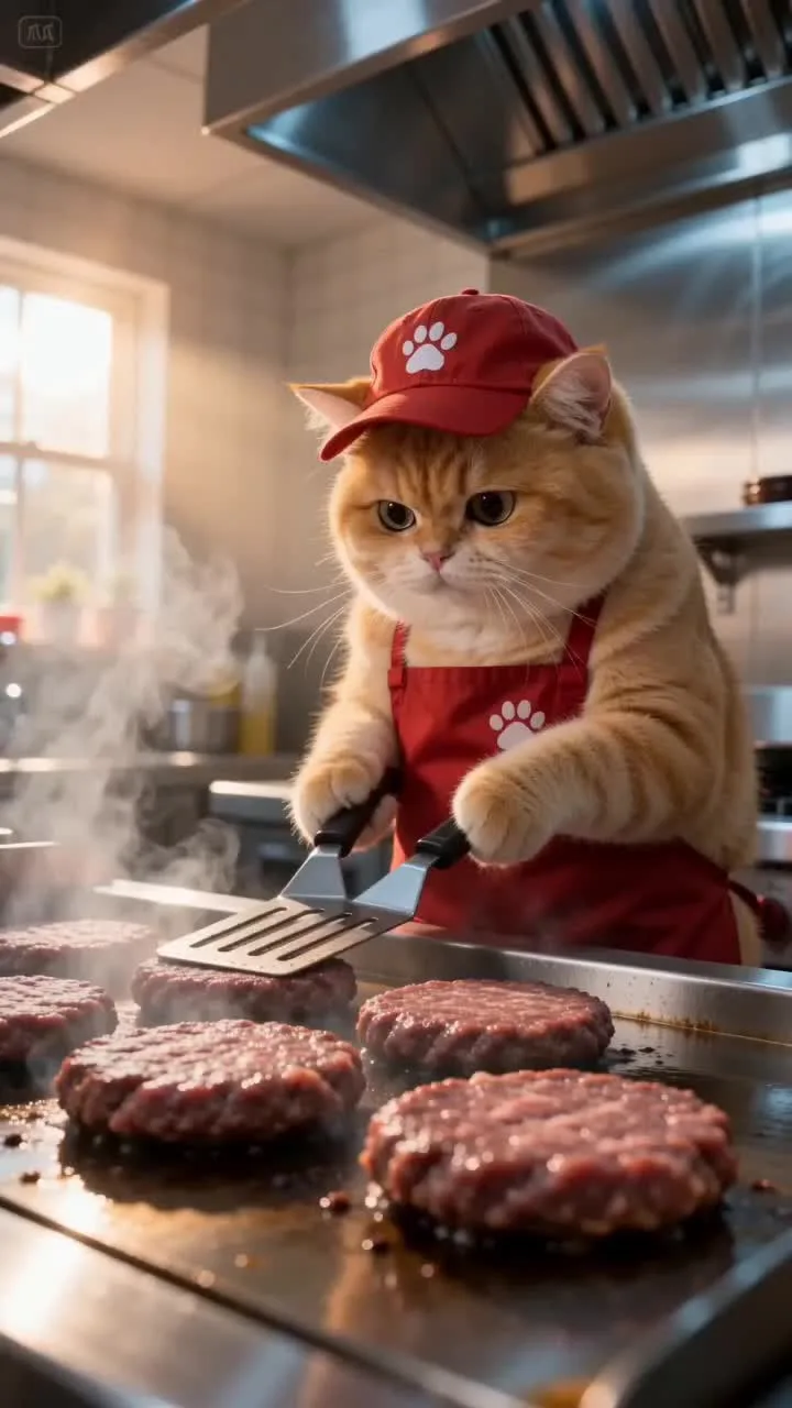 穿红色厨师服的橘猫正在烤汉堡