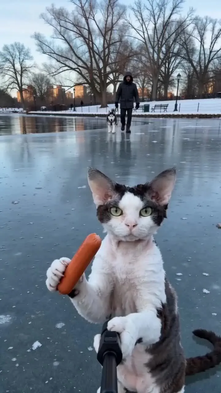 猫咪在结冰的城市湖边自拍视频