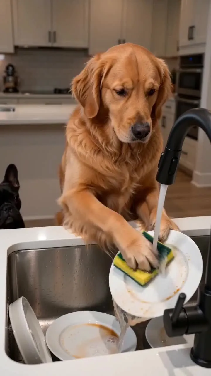 金毛寻回犬在厨房水槽边洗盘子