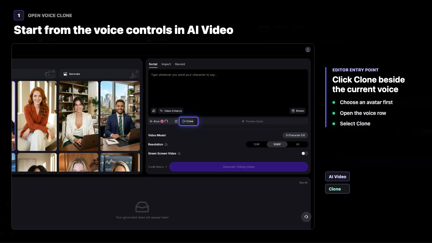 VisionStory AI Video editor with the Clone control highlighted beside the current voice
