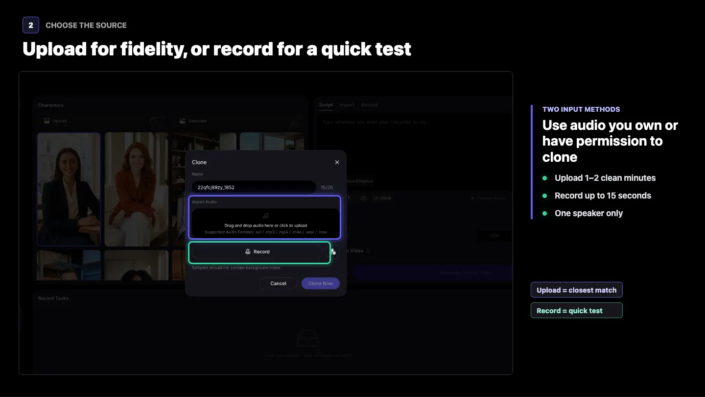 VisionStory Clone dialog comparing audio upload with the built-in recorder