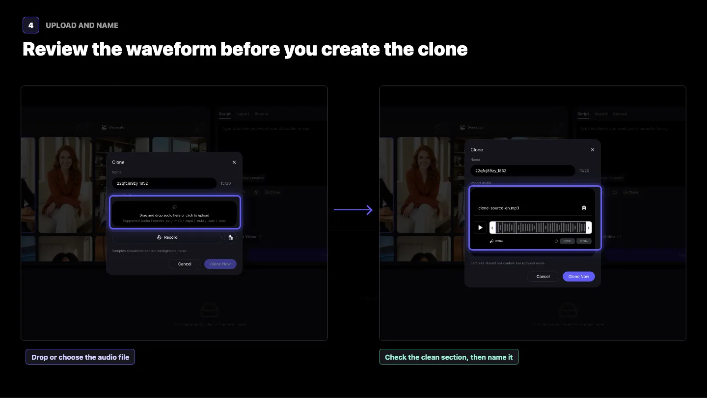 Audio moving from the VisionStory upload area to a visible waveform ready for review and naming