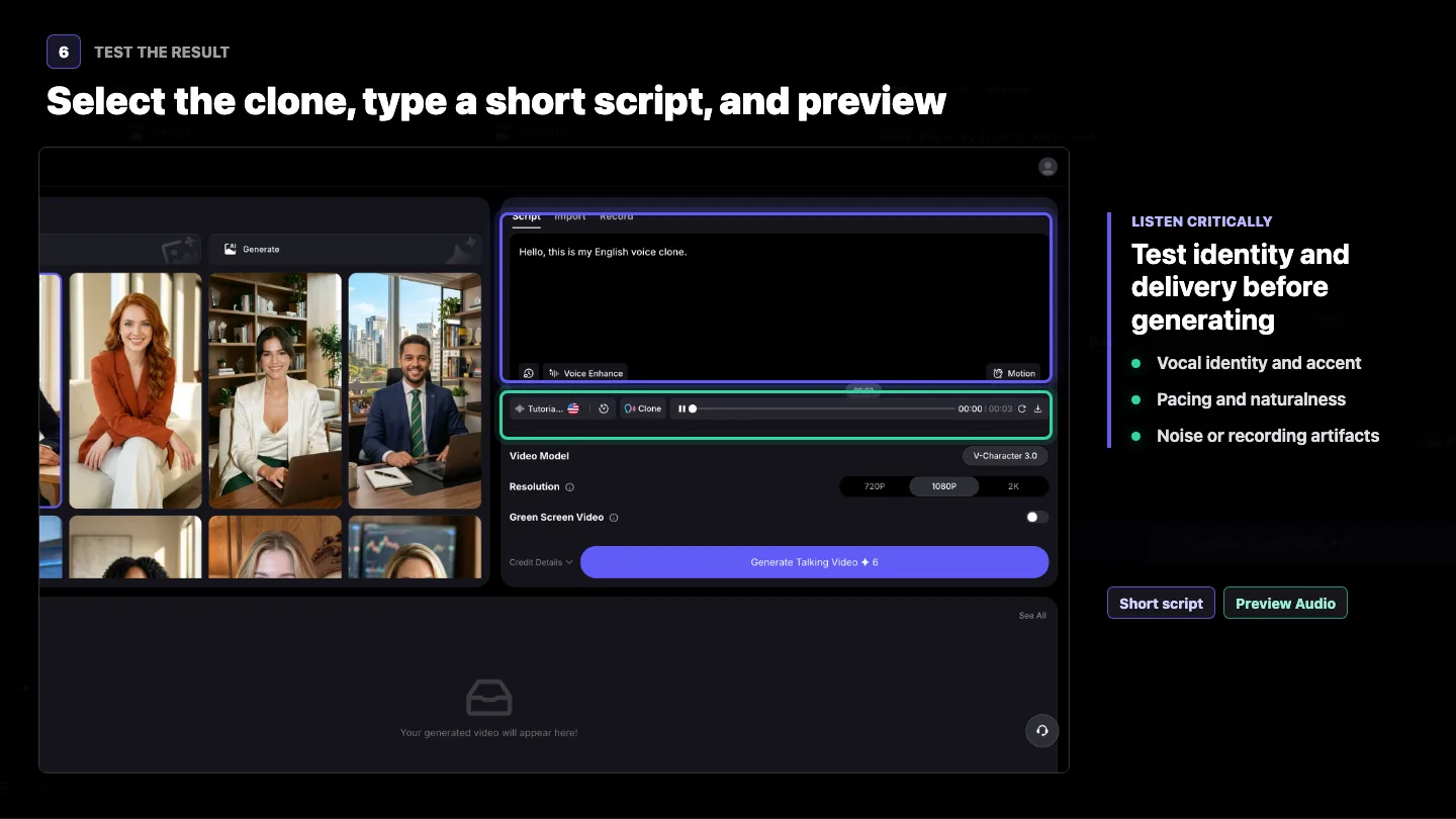 VisionStory AI Video editor previewing a selected cloned voice with a short script