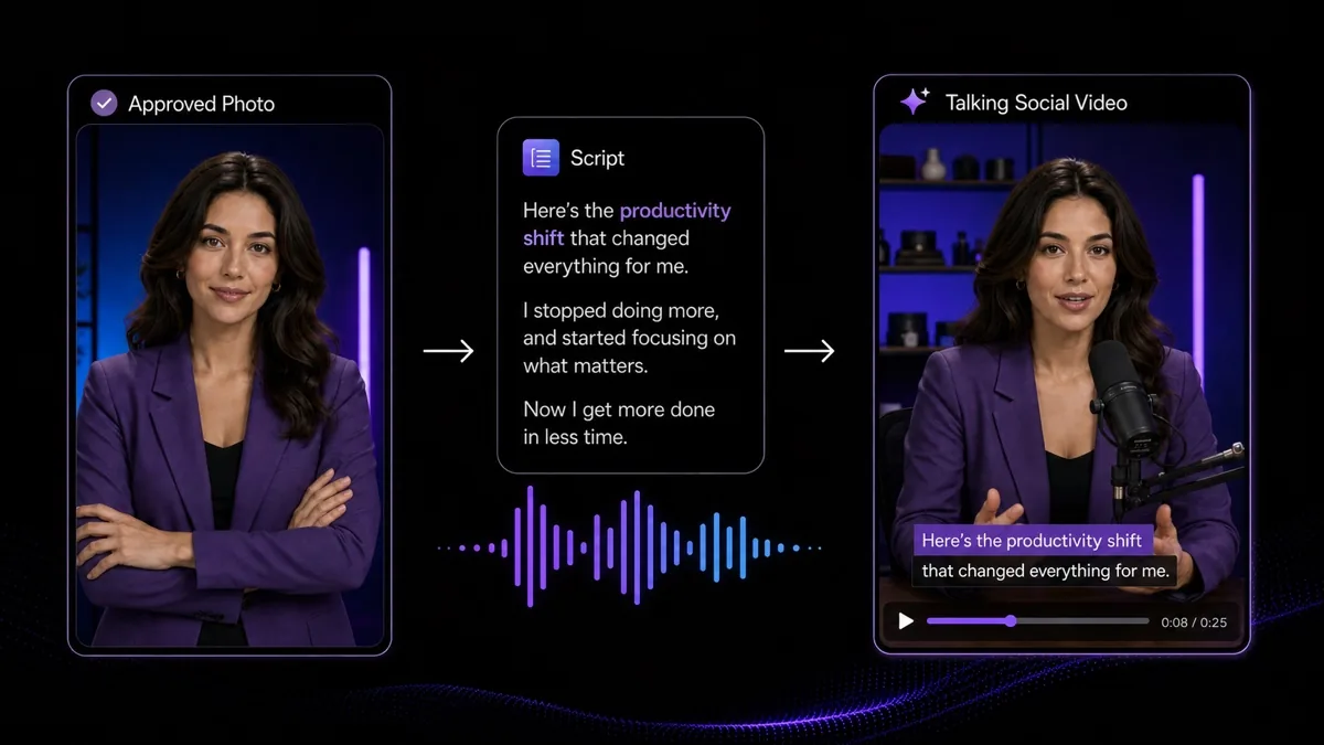 A fixed AI influencer photo and script generating a captioned talking social video