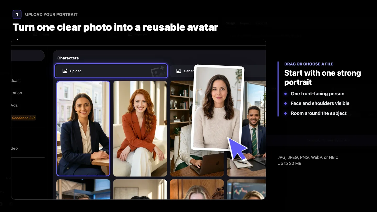 Dragging a portrait onto the Upload control in the VisionStory Characters panel