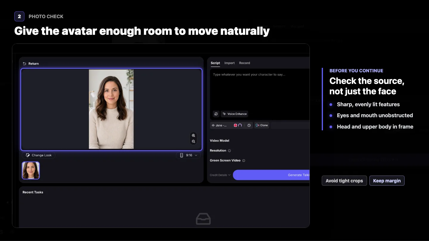 VisionStory avatar preview beside a checklist for a clear, unobstructed source photo