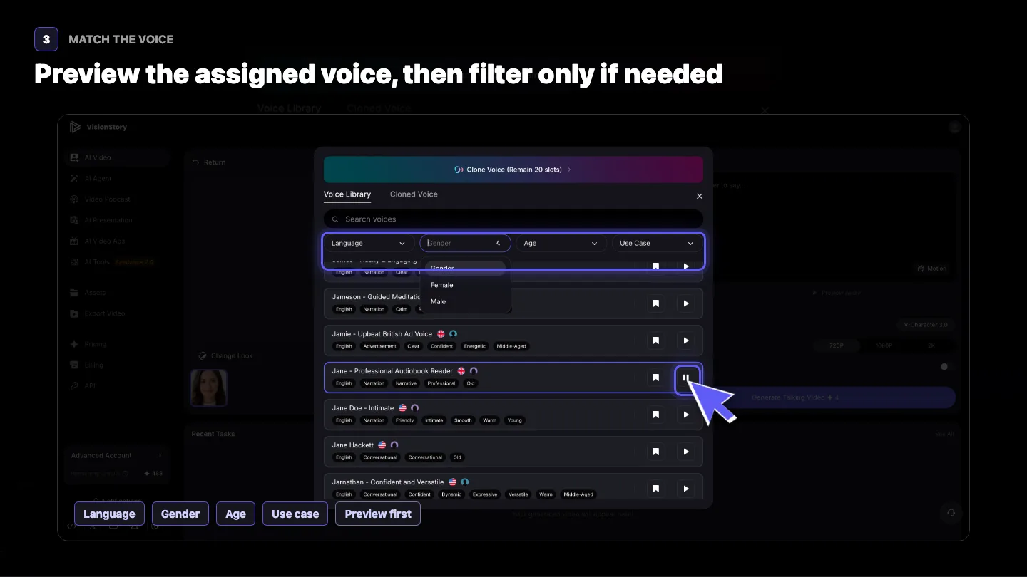 VisionStory Voice Library with Language, Gender, Age, and Use Case filters and a preview button