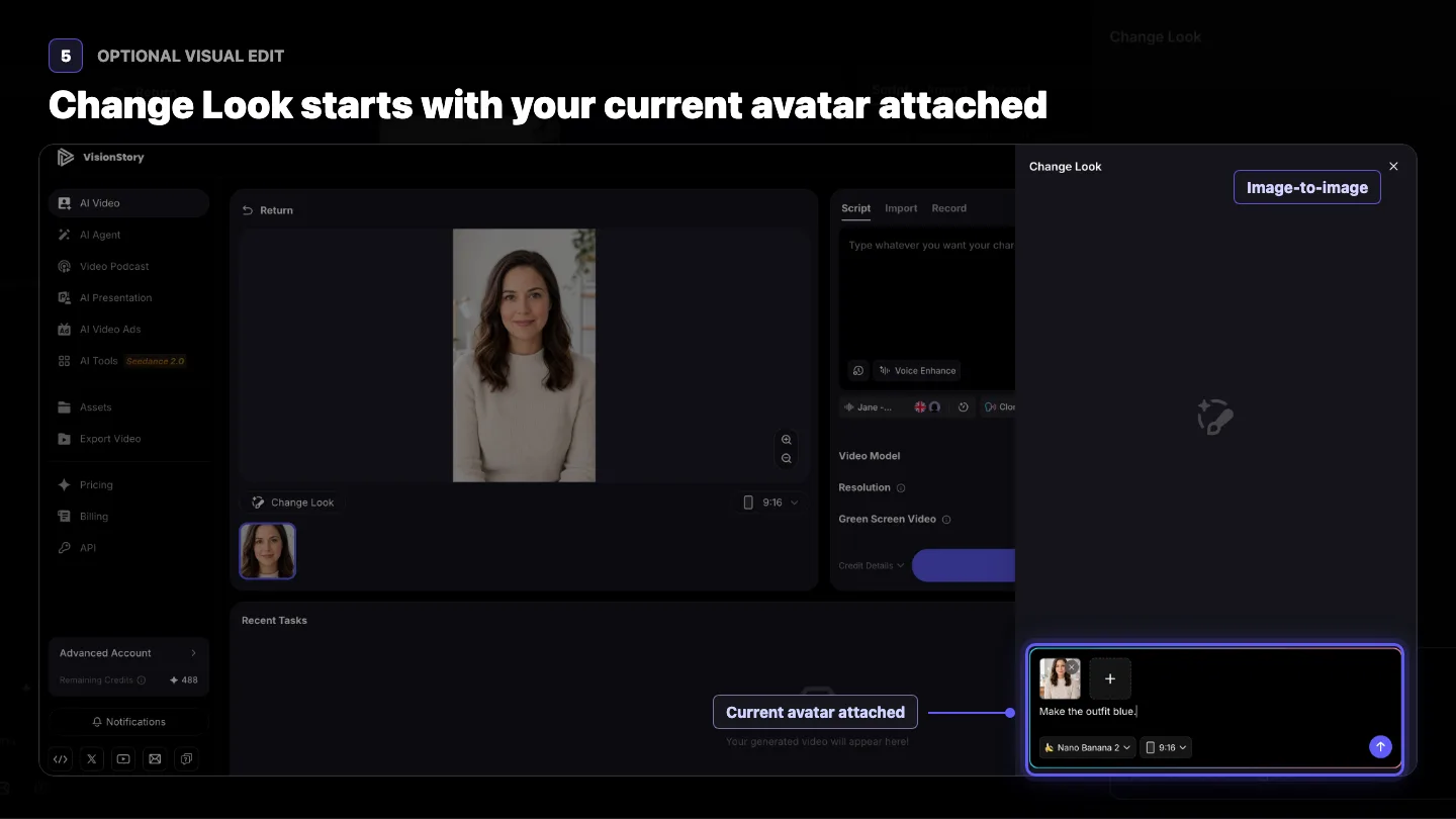 VisionStory Change Look chat opened with the current avatar attached as the starting image