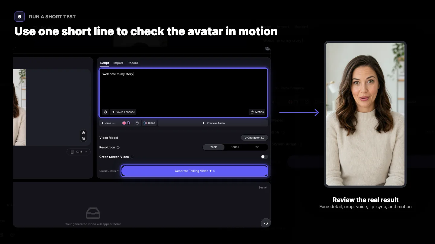 A short VisionStory script generating a talking-avatar result from the uploaded portrait