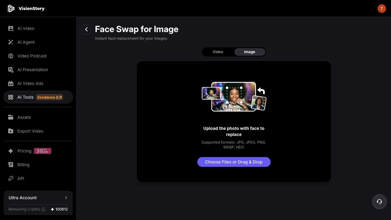 VisionStory Face Swap for Image showing the source photo upload area and supported formats