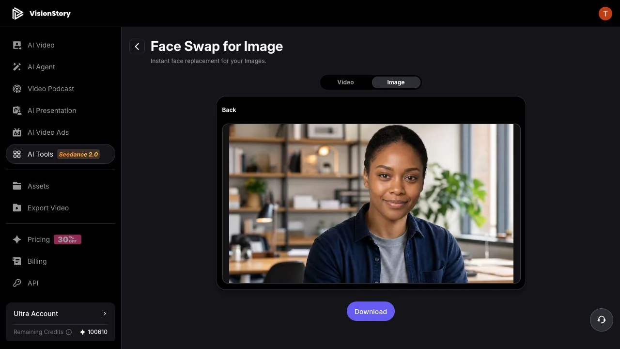 A finished VisionStory AI photo face swap result with the Download button